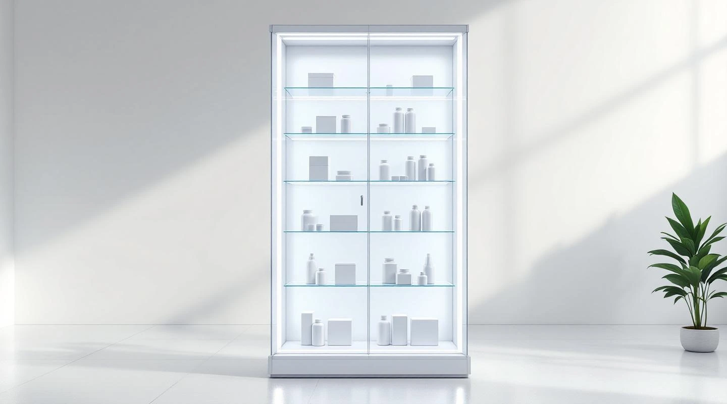 Showcase apteczna from lekami (transparent shelves, lighting led) for the industry Apteka czysta — solution from acrylic