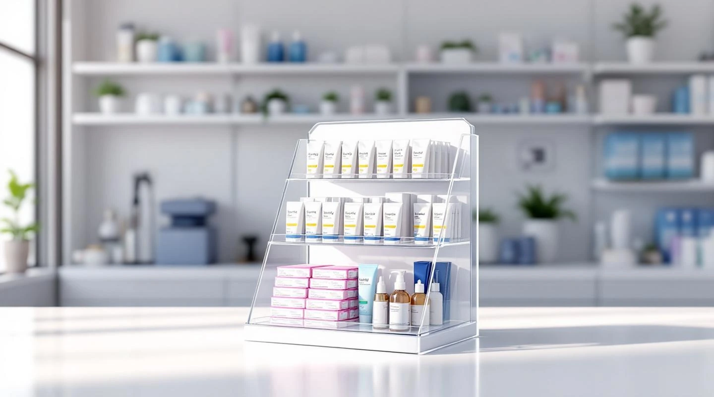 Shelving impuls przykasowy farmaceutyczny for the industry Apteka czysta — solution from acrylic