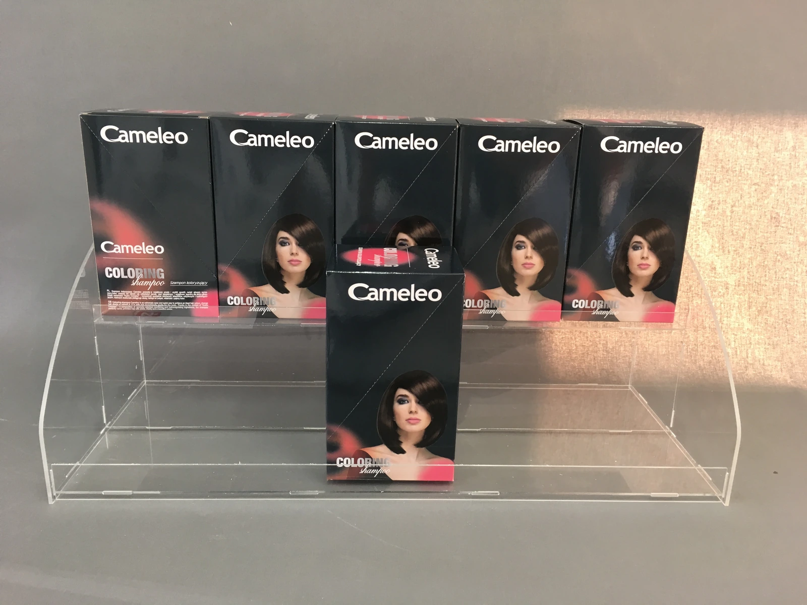 Cameleo — Display from acrylic for presenting products for colouryzacji hair, z shelves, transparent