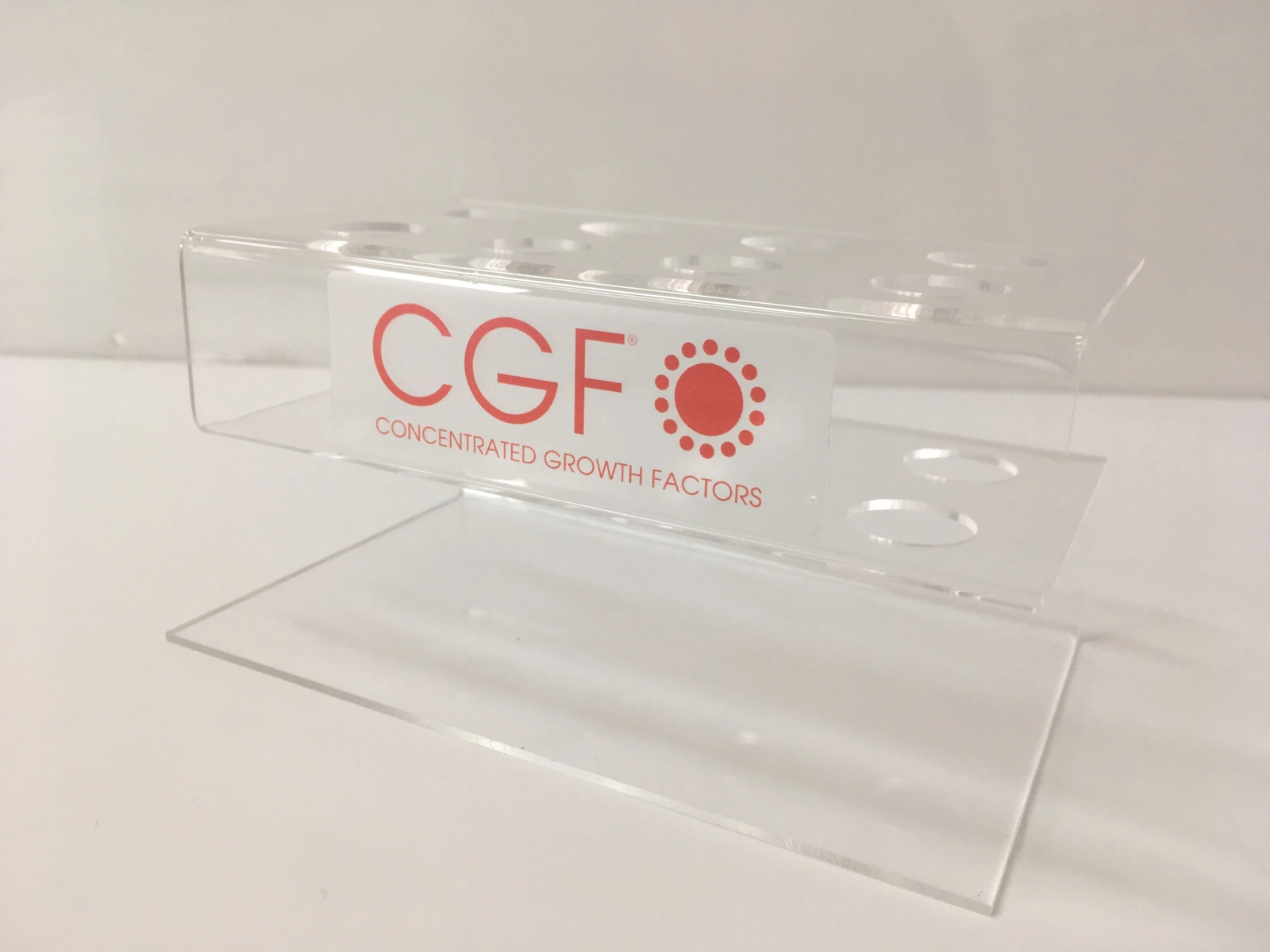 CGF - Concentrated Growth Factors — Display from acrylic from wydrukowanym logotypem brand, intended for presenting products cosmetic or medycznych