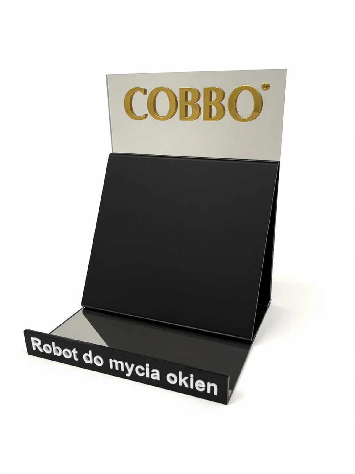 COBBO — Display tablicowy from acrylic from nachylonym upper panelem, black base from inscription 'Robot for mycia okien'