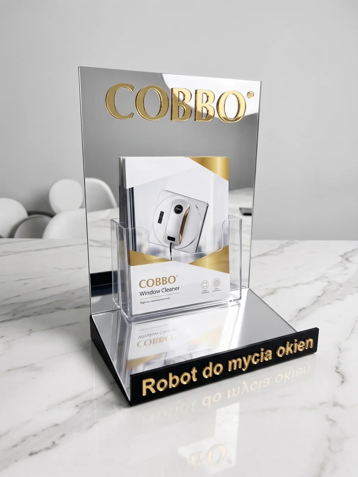 COBBO — Display from acrylic from lustrem and gold logo, serving for displaying products or packaging