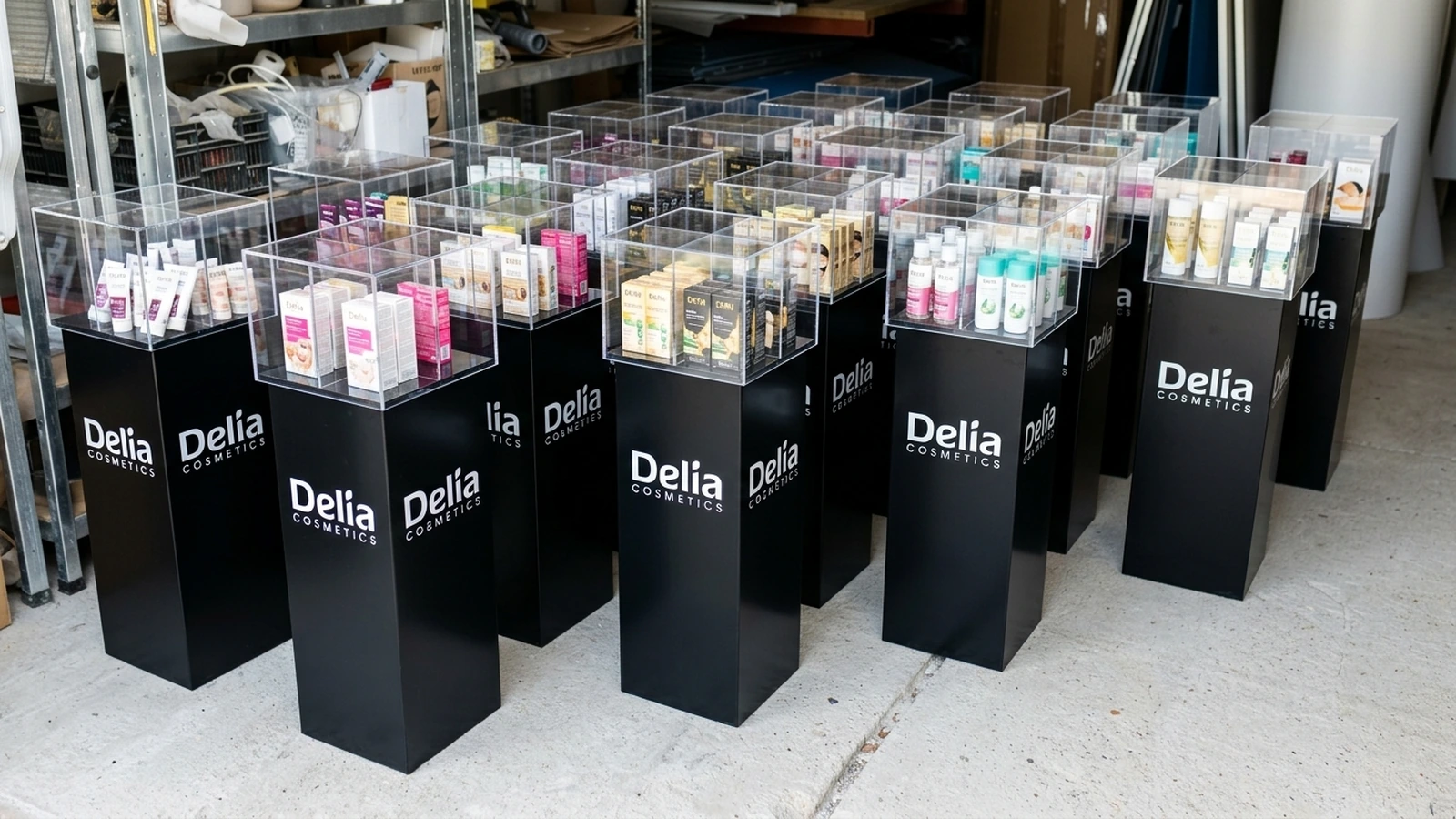 DISPLAY from black leg and containeriem zasypowym from clear acrylic — project for the brand Delia, PlexiSystem 2014