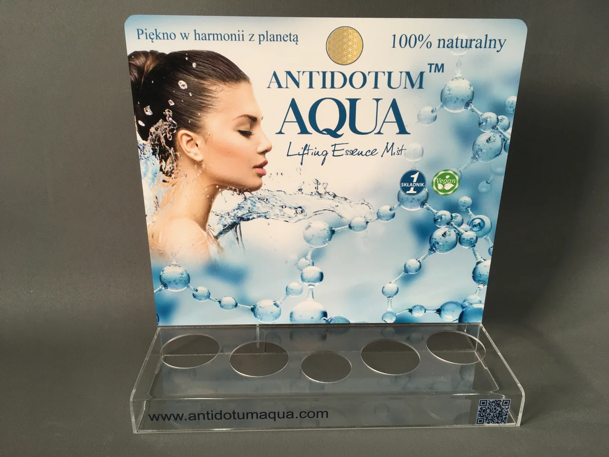 Cosmetic display from clear acrylic from Dibond graphics — 5 holes for bottles