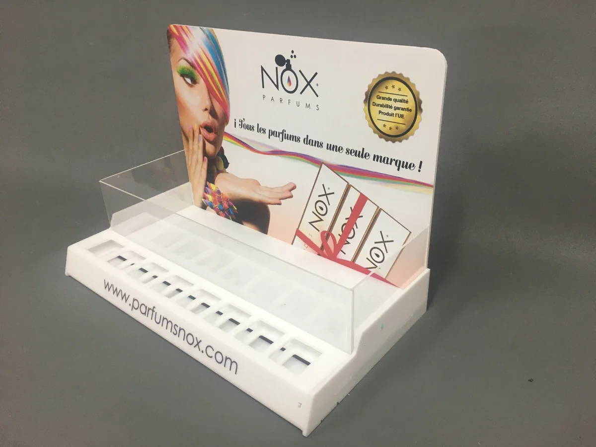 Perfume display from HIPS white with UV print — rowki for samples perfum