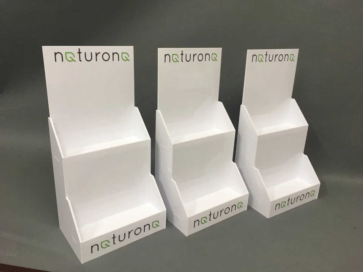Box display from white HIPS with UV print — three schody and logo