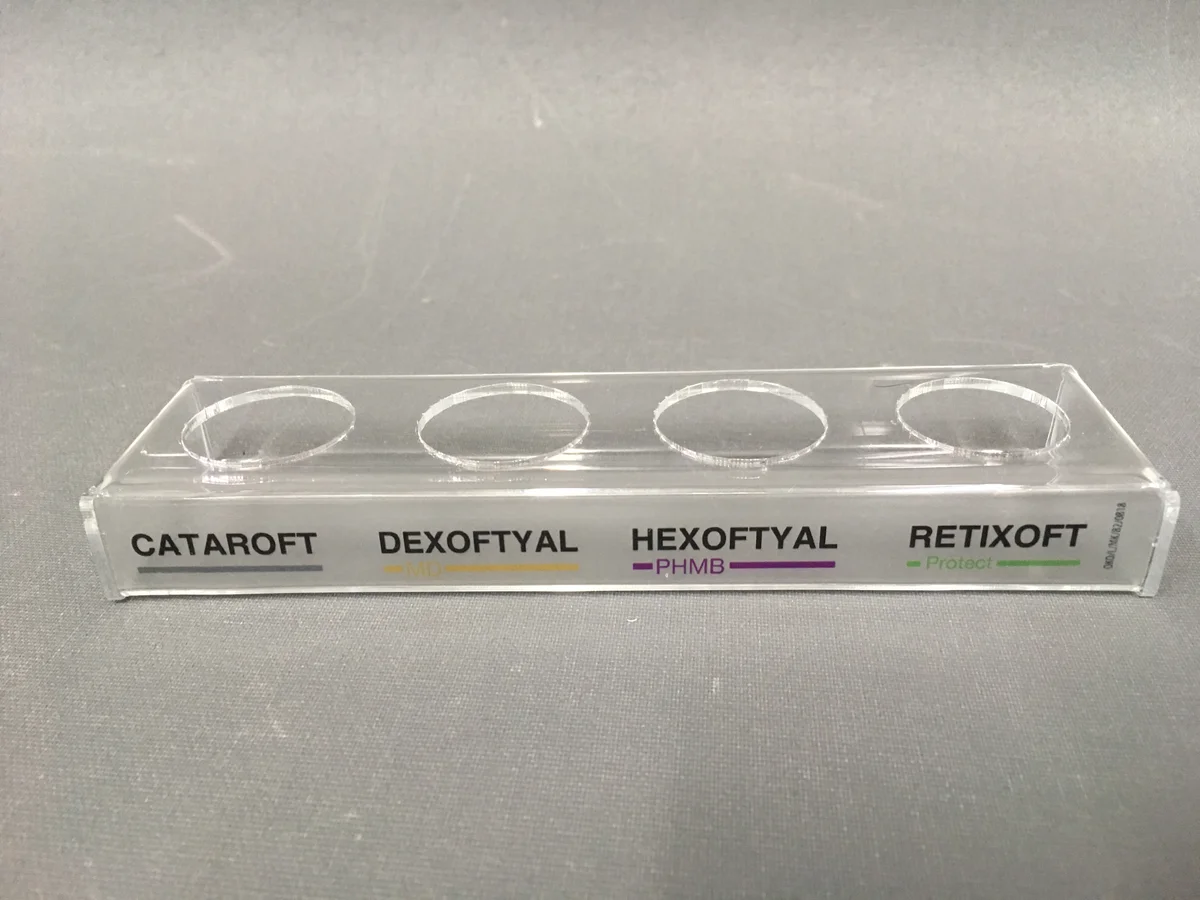 Listwa with openings for buteleczki — clear acrylic with print etykiet