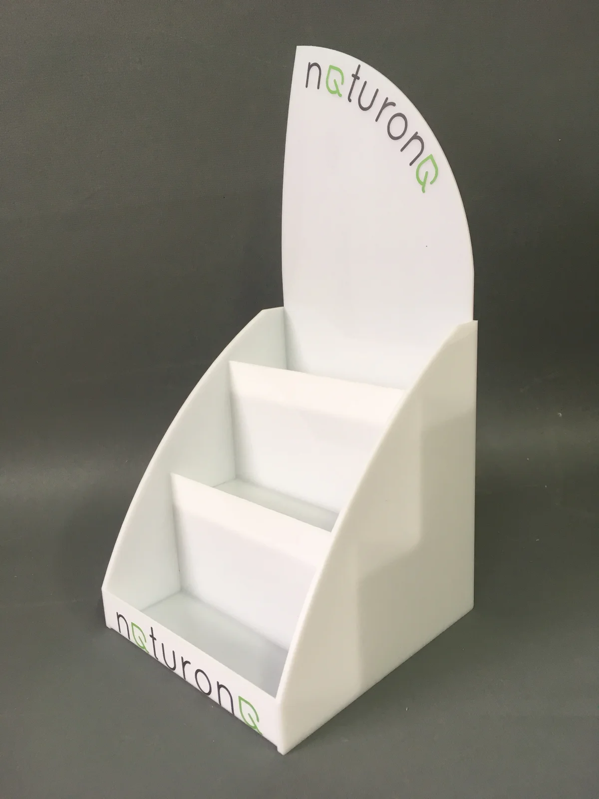 Stepped display from HIPS white with UV print — two poziomy