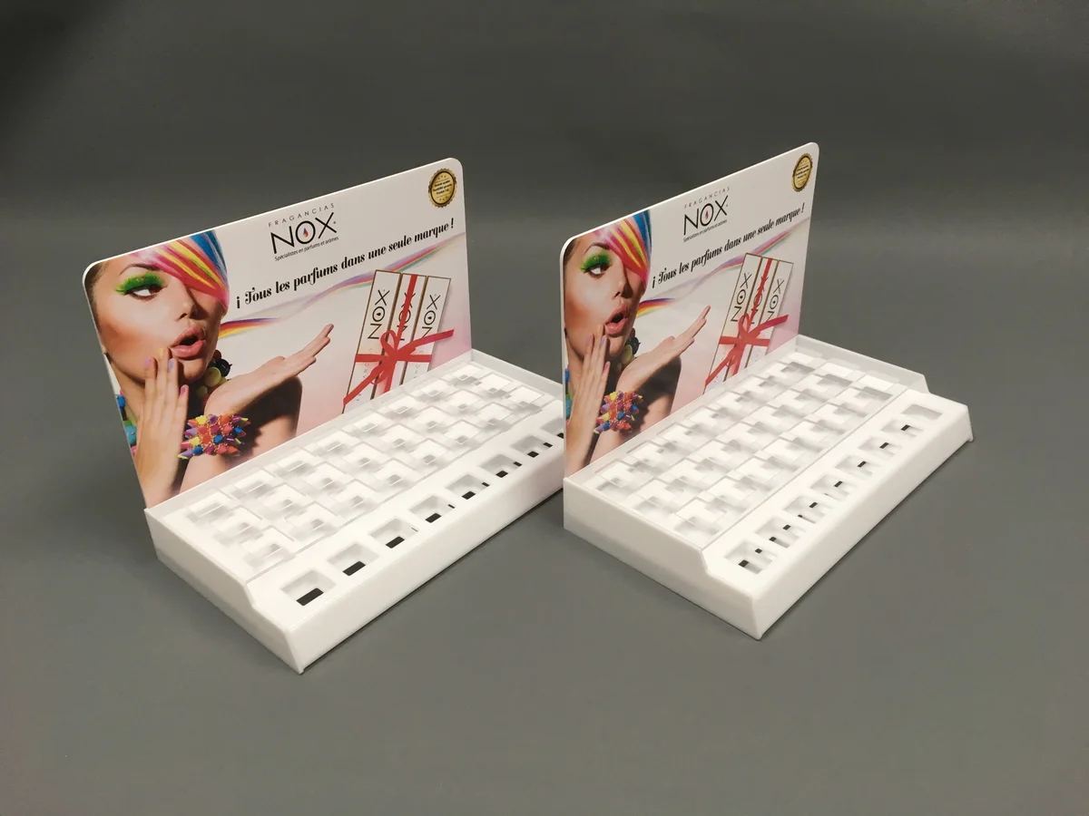 Two displays perfum from rowkami for samples — white HIPS with UV print