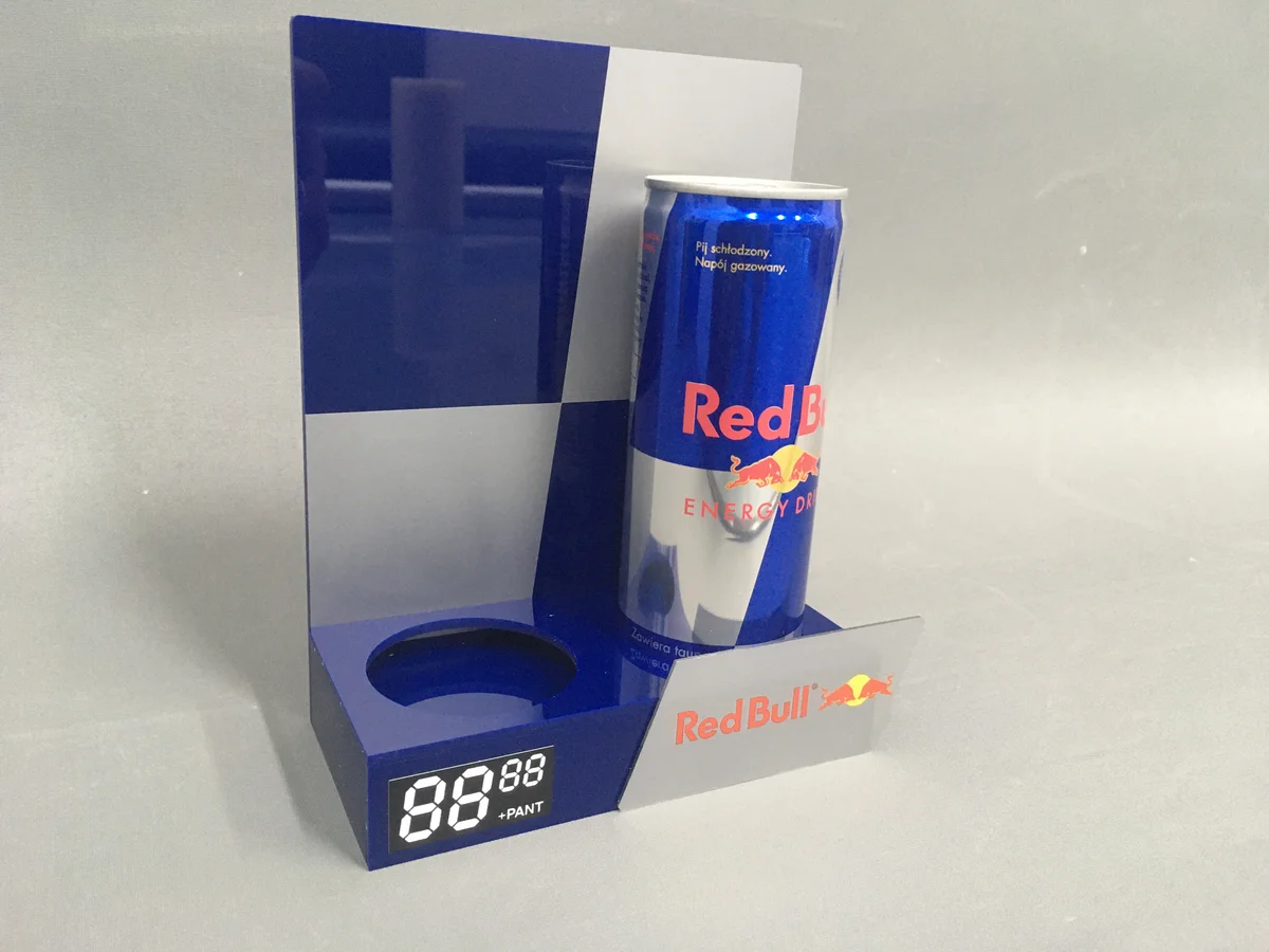 Energy drink display with vinyl — clear acrylic with UV print
