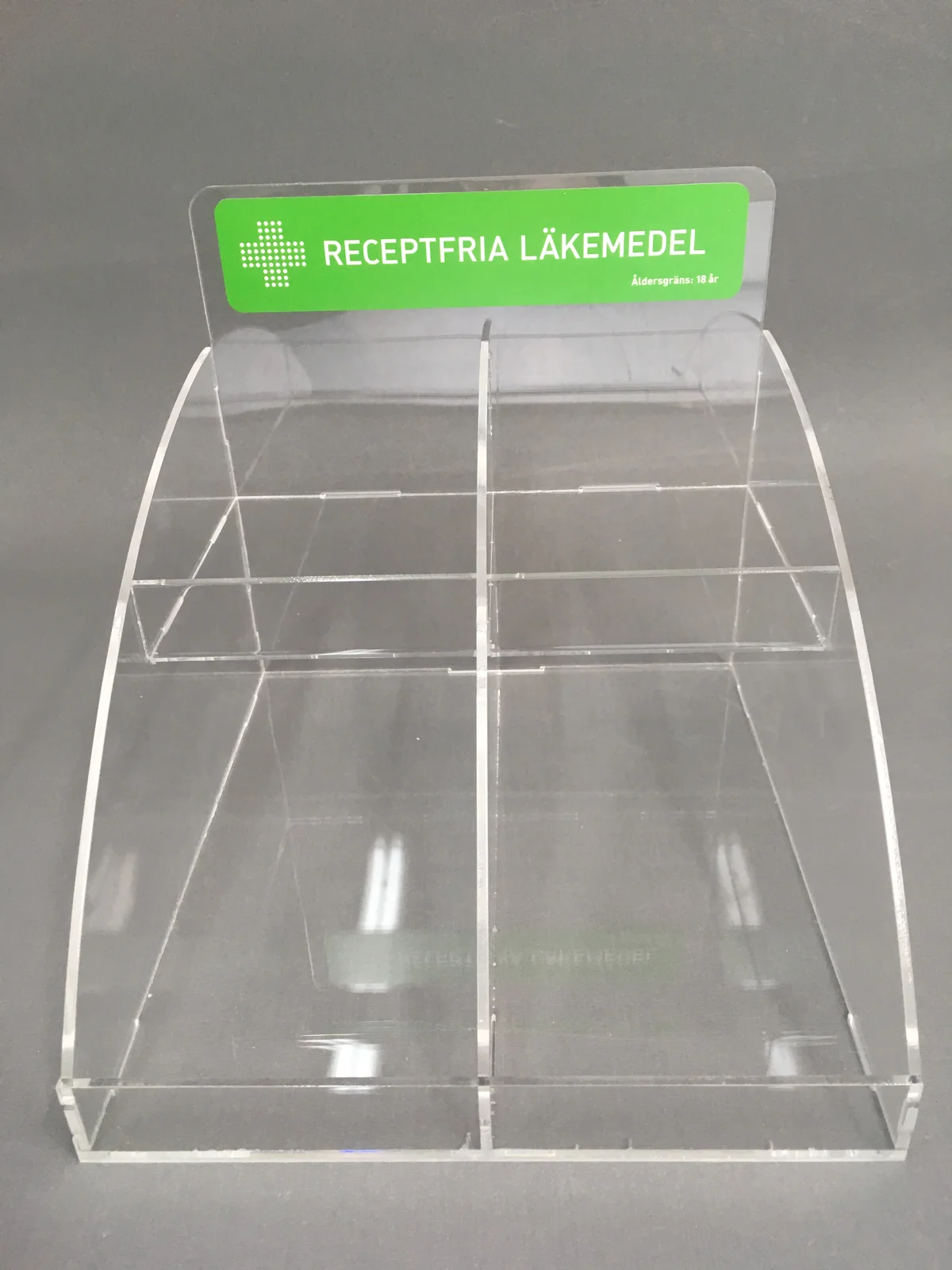 Pharmacy display from clear acrylic — dwie chambers from label Swedish