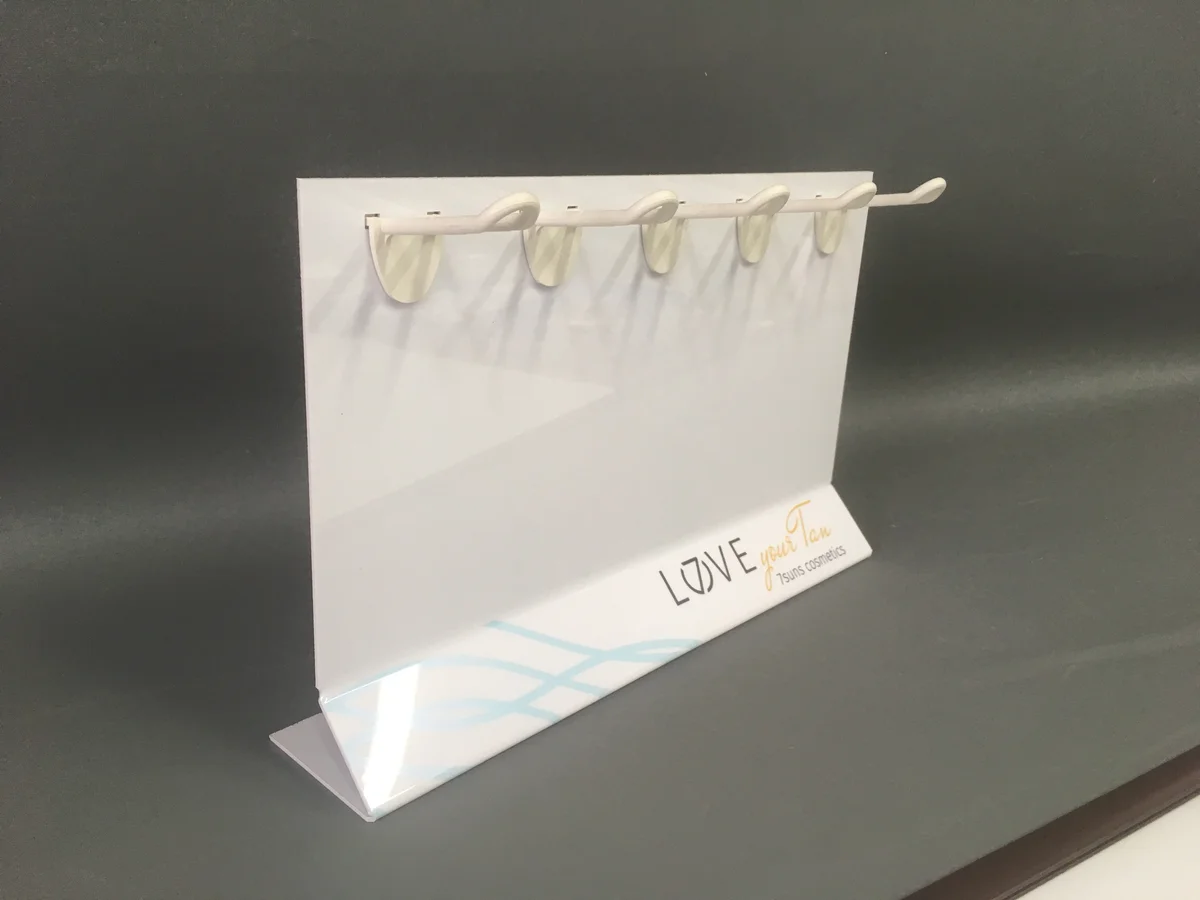Countertop display from HIPS white with hooks and clear acrylic base