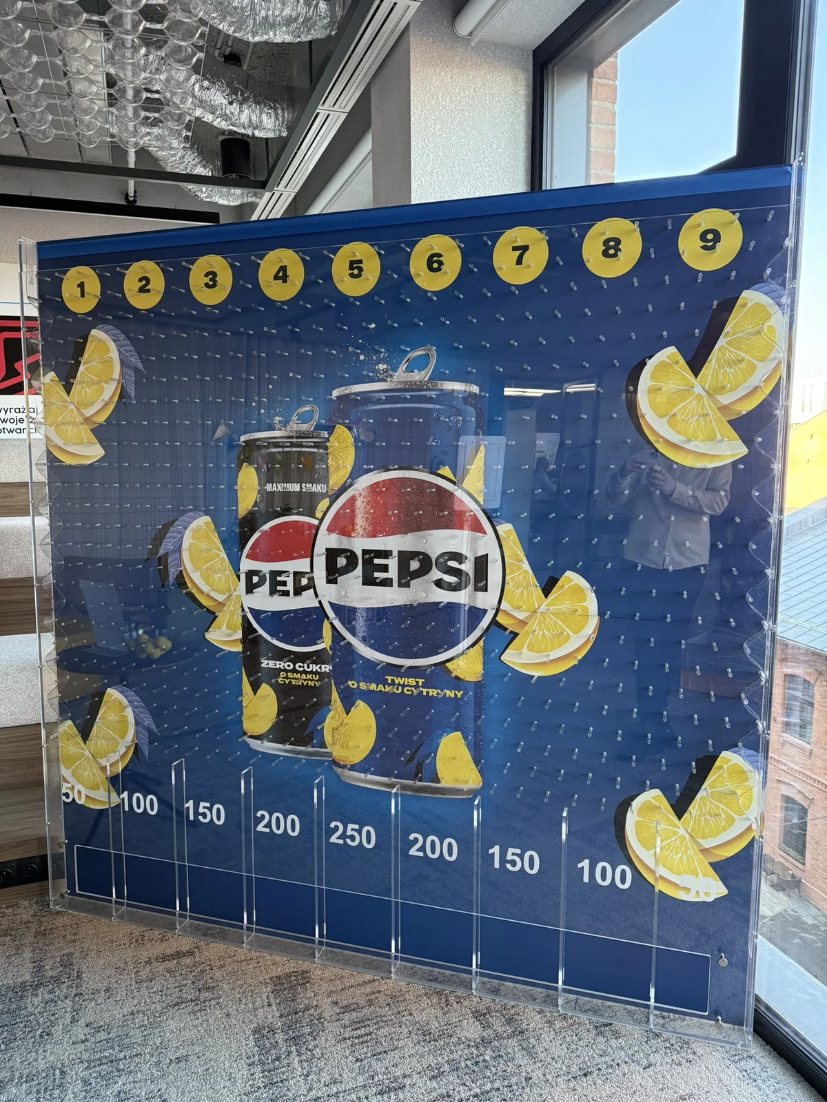 Large sign konkursowa Pepsi from clear acrylic with UV print and fields