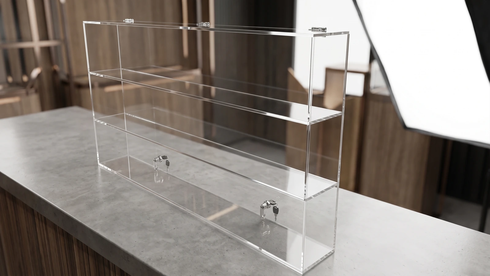 Acrylic display for Intermarche — transparent acrylic with locks and shelves for displaying goods