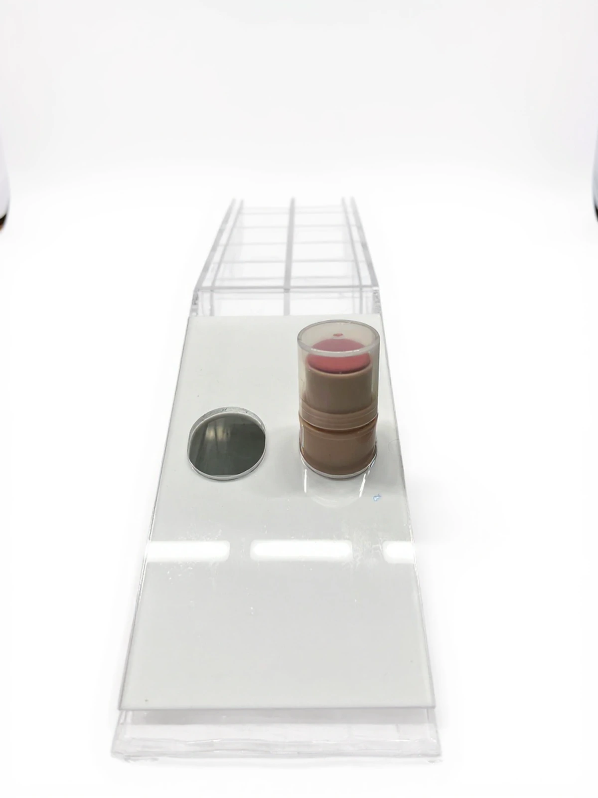 Project PlexiSystem — Display from acrylic for presenting cosmetics - lightbox from white base, drawer sliding and otwartymi gniazdzami for pr