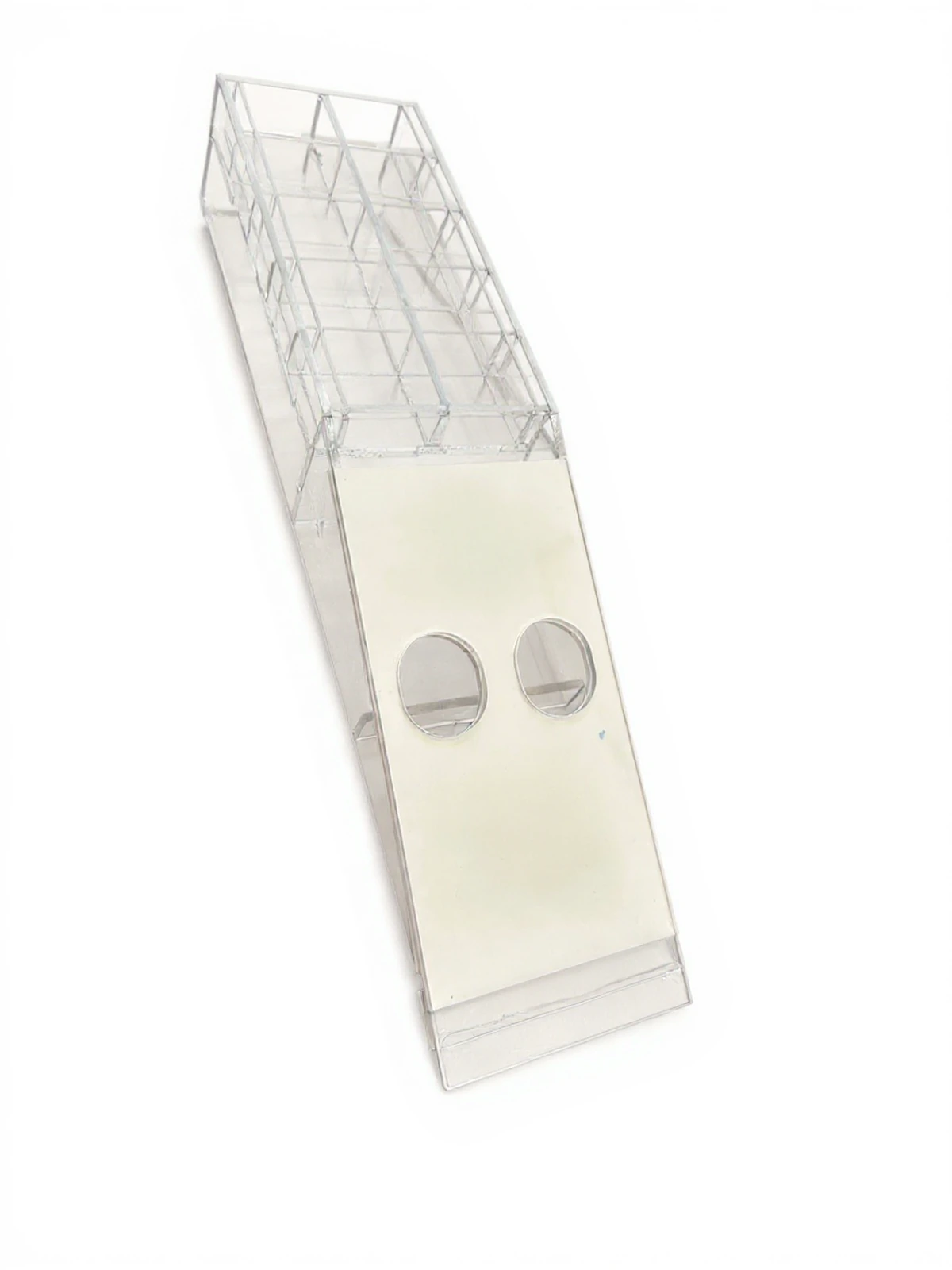 Project PlexiSystem — Display from acrylic from compartments for display cosmetics, jewellery or small items, posiada dwie round otwor