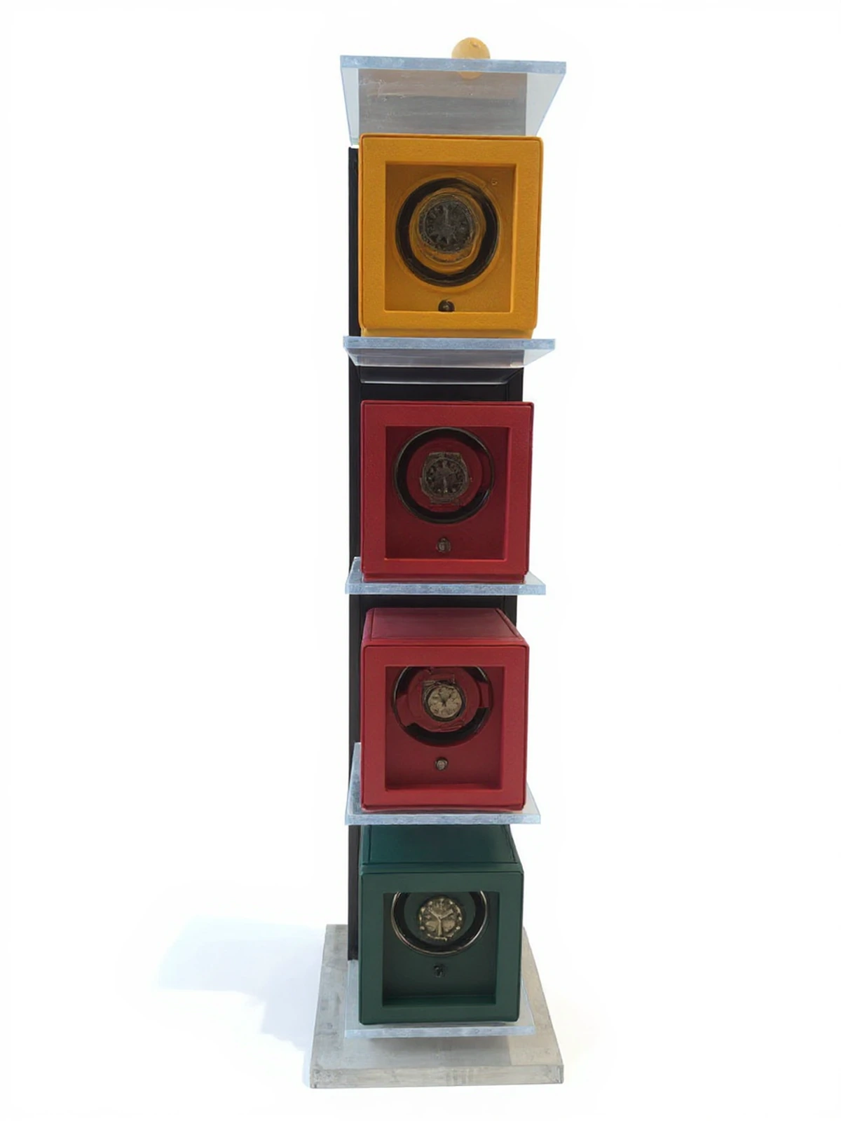 Project PlexiSystem — Stackowa showcase display from acrylic from lighting LED, four compartments for zegarki or jewellery, colourowe fronty (po