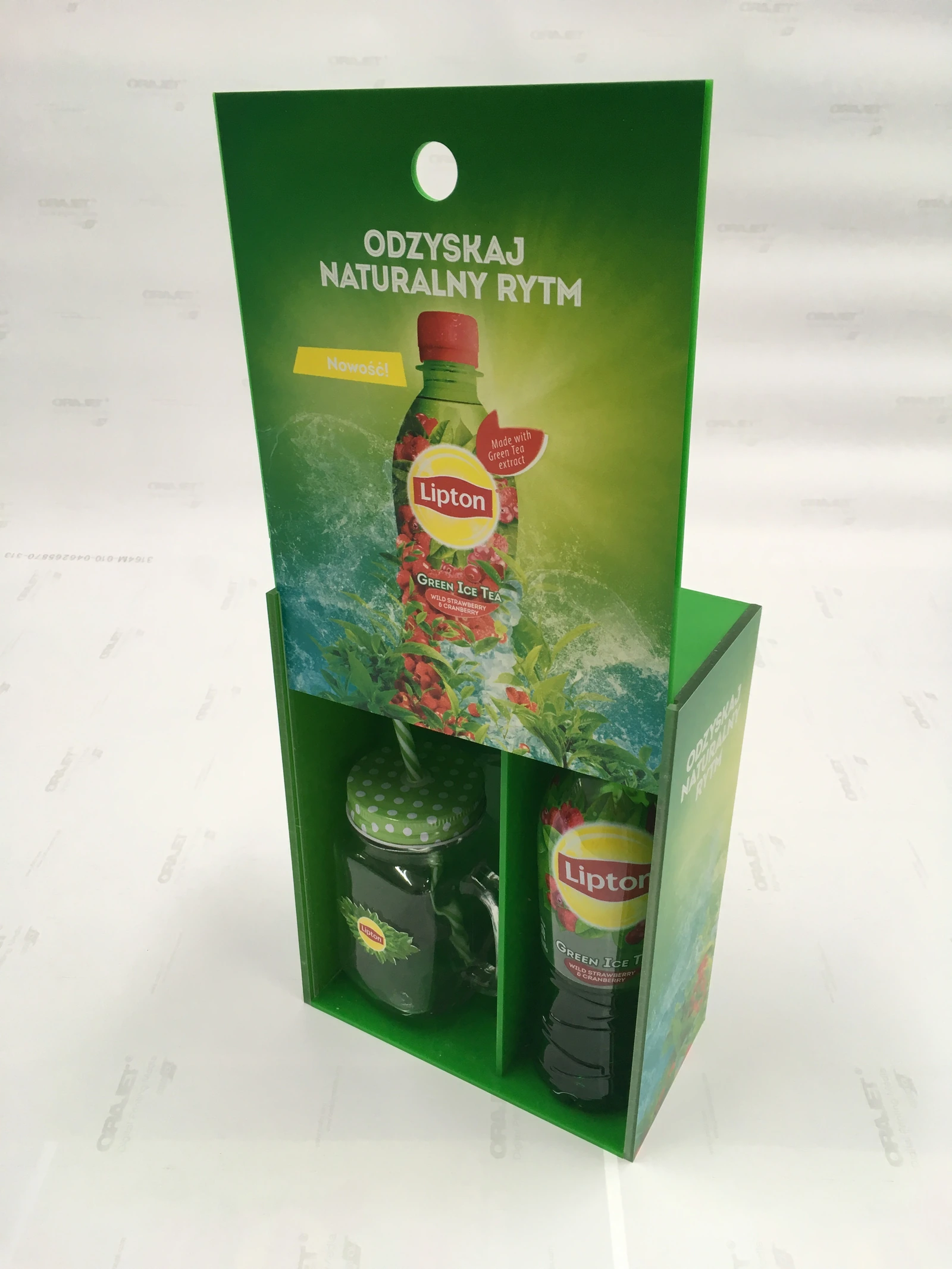 Lipton — POS display from acrylic for presenting products herbaty Lipton, z otwartymi shelves for bottles and containers, front from graf
