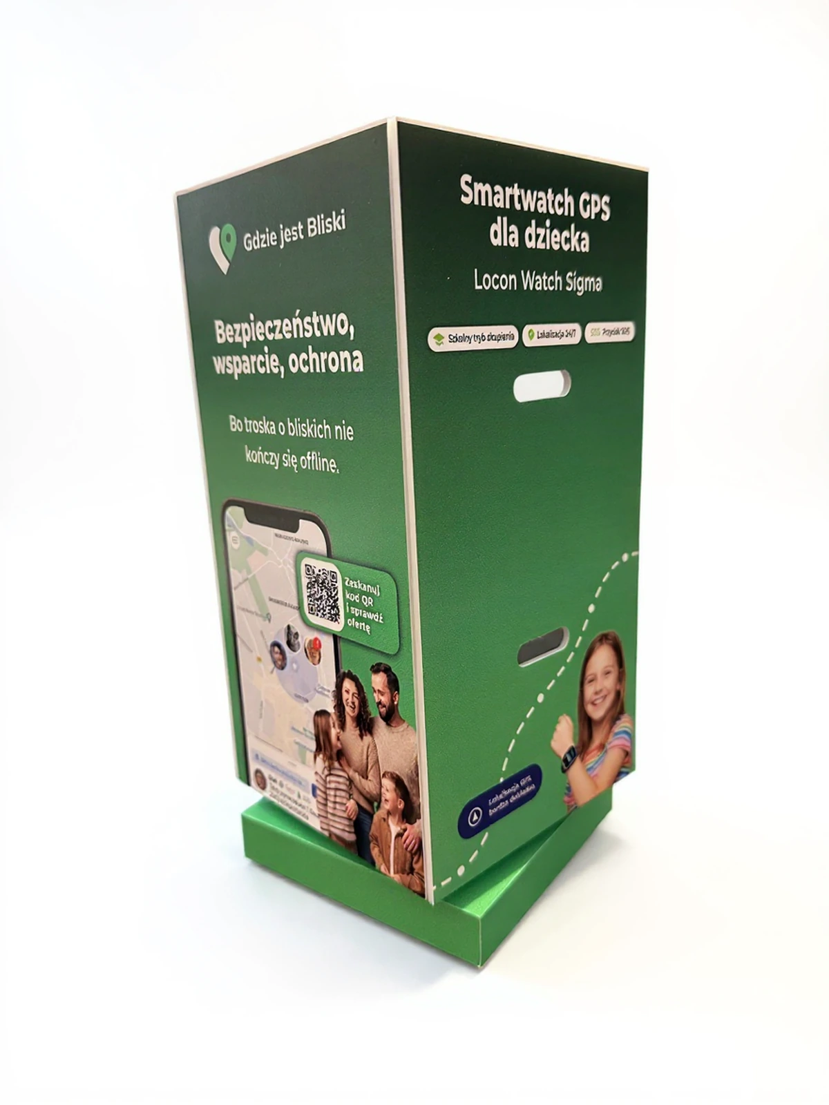 Locon Watch Sigma — Kartonowy POS display for presenting smartwatcha GPS for dzieci, green from uchwytem for product