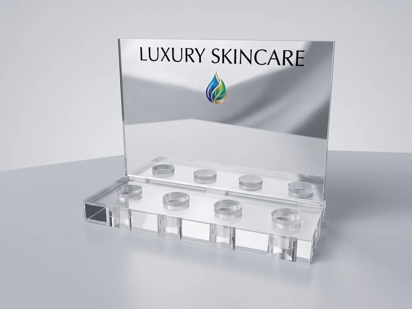 Luksusowa brand skincare — premium countertop display from acrylic lustro and base from clear acrylic 15mm, 8 kieszeni