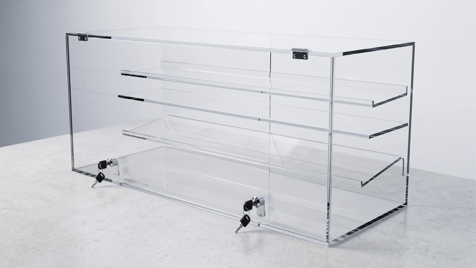 Display netto from acrylic — showcase display from przeszkleniami and shelves, zamkami safety