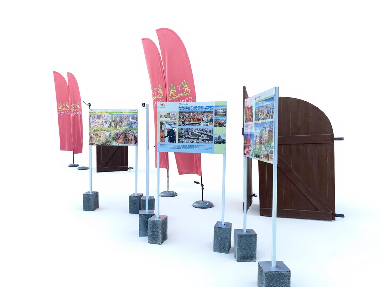 PlexiSystem — Stands display from acrylic for exhibition photographic, posadowione for betonowych podstawkach, presenting photos and inf