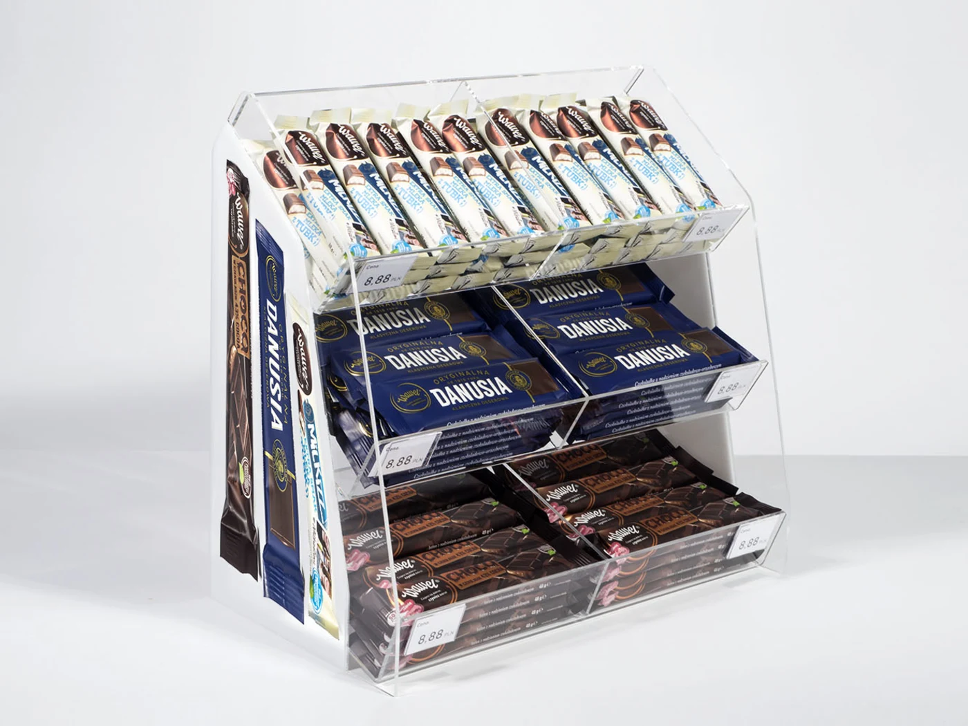Wawel — countertop display 3-poziomowy from clear acrylic for batoniki and wafelki