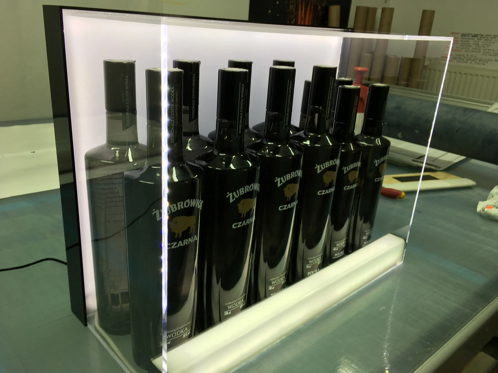 Zubrowka — Display from lighting LED for presenting bottles vodka Zubrowka, made from acrylic from white backlight