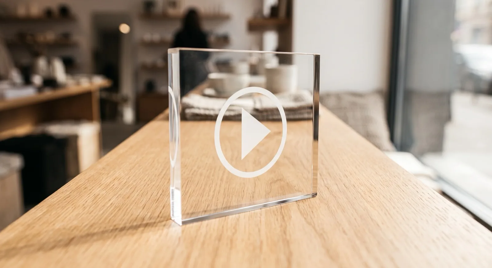 Clear acrylic block on a shop counter, logo printed on the reverse