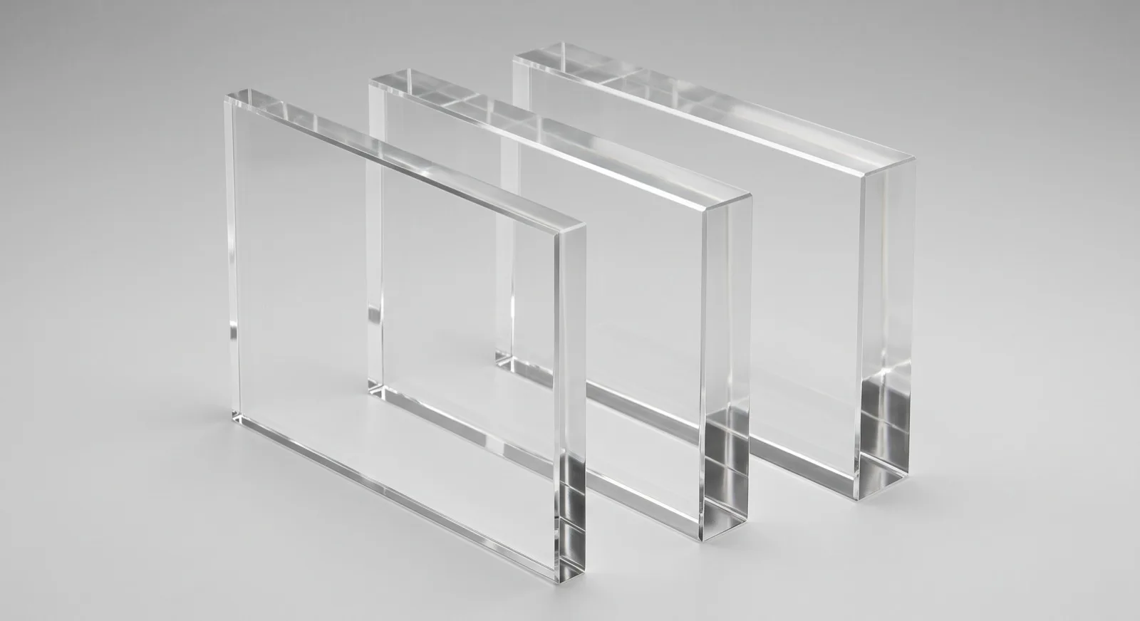 Three clear acrylic blocks of 10, 20 and 30 mm standing side by side, thicknesses compared