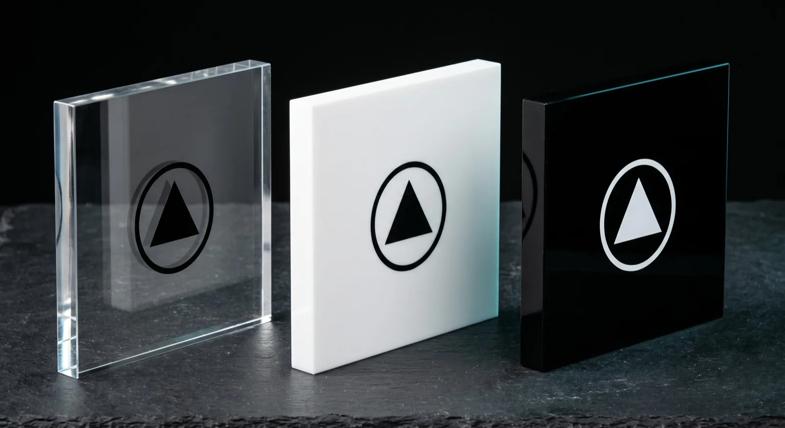 Three solid acrylic blocks — clear, white and black — with polished edges