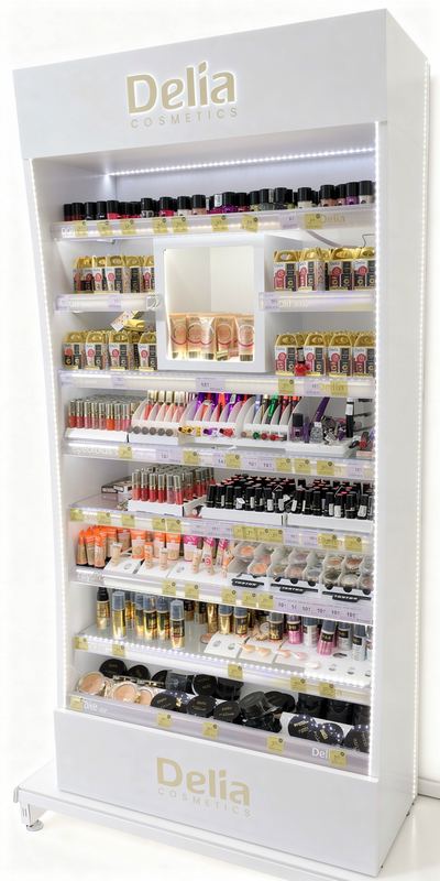 Regał podłogowy z plexi z podświetleniem LED producent Delia Cosmetics