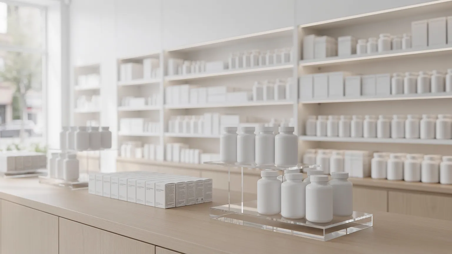 Apotheken-Displays aus Acryl im Regal