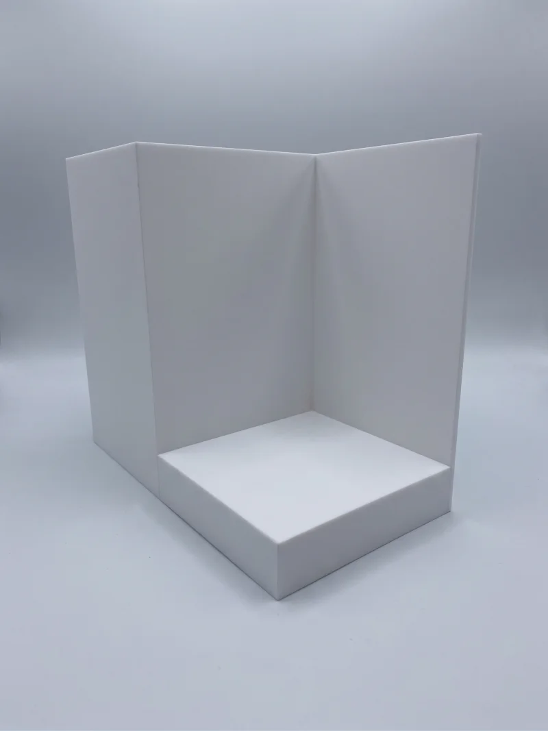 Cube display with pedestal — corner boks from frosted acrylic, UV bonding, polerowane edges