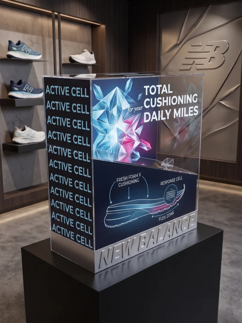 Welcome pack stand from acrylic with full-colour UV print — display promotional for the storefront showrooms obuwniczych